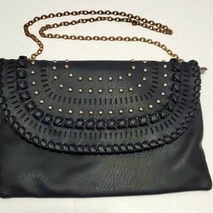 Kiss Me Black Pebbled Vegan Leather Retro 90s Studded Shoulder Crossbody Bag